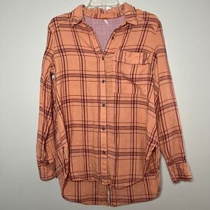 Free‎ People Linen Plaid Button Down Shirt Peach XS Split Back Flowy Coastal